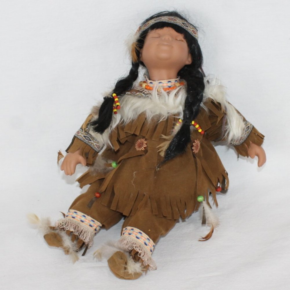 Cathay Collection Porcelain Indian Native American Doll 13" Braided Hair Leaning